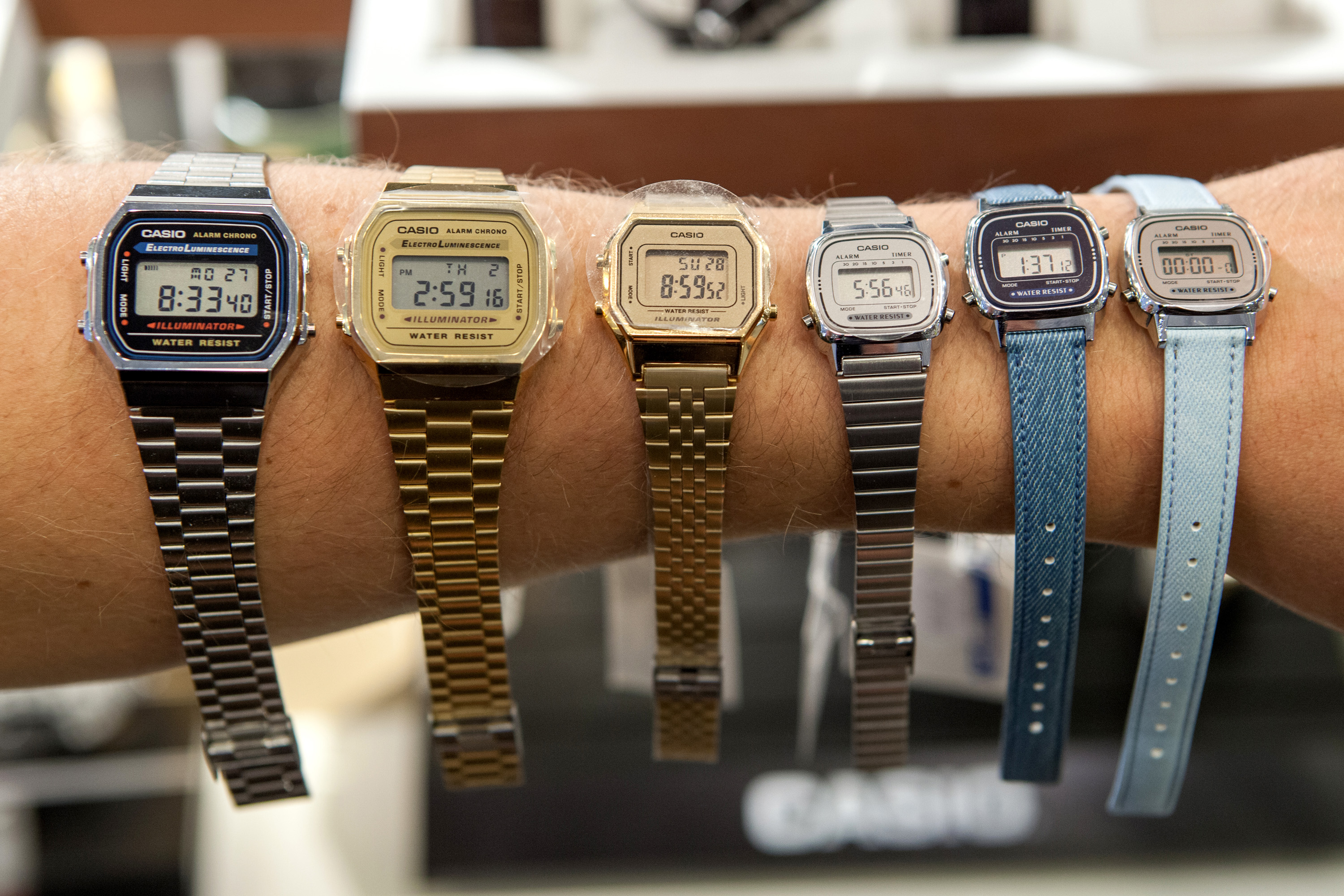 Casio-klokker i alle varianter (men kanskje ikke for samme arm på en gang).