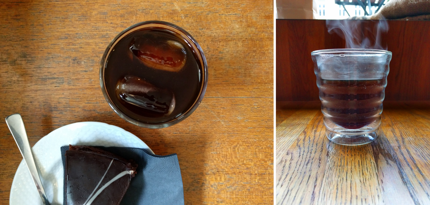Kaldbrygg og kake til venstre, siphon-kaffe i munnblåst glass til høyre. 